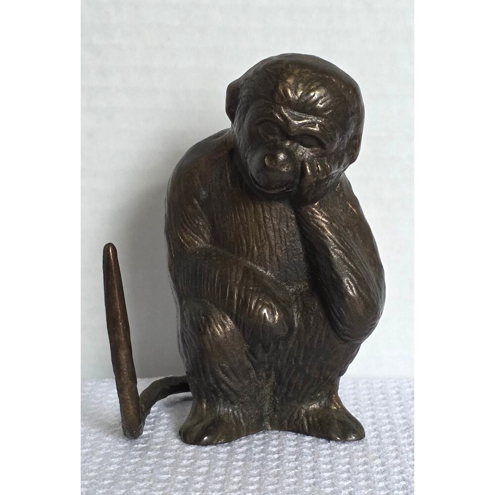 Cast Metal Seated Thinking Monkey Figurine Bronze Tone Made in Korea 1992